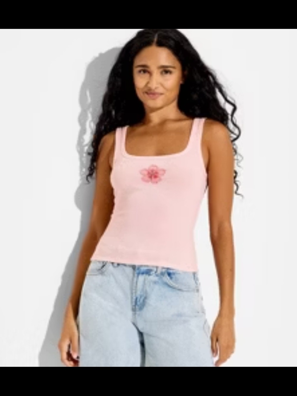 wild fable Light Pink Square-Neck Tank with Rose Graphic